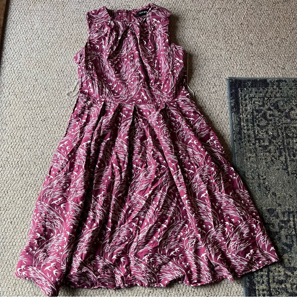 Anthropologie pink dress, light blue sparrows, vintage cut